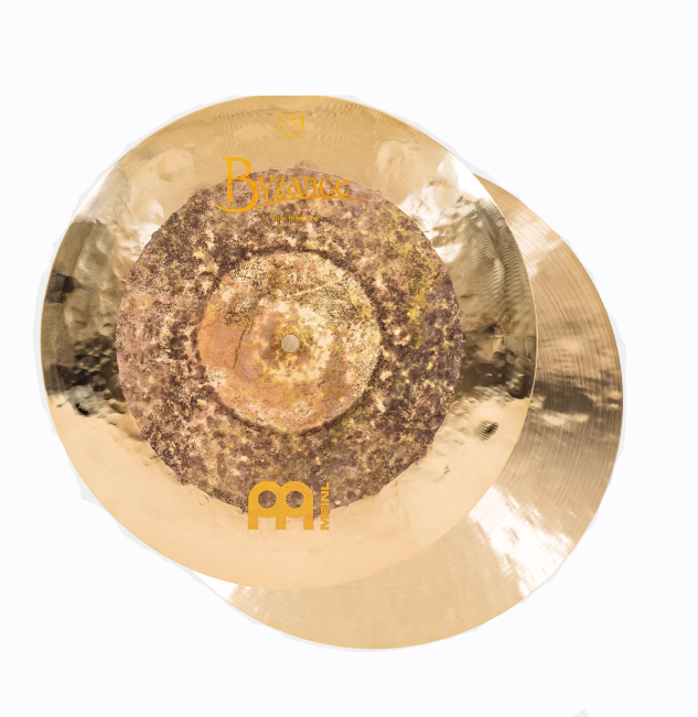 A pair of Meinl Byzance Extra Dry 14 inch Dual Hihat cymbals placed side by side with visible hammer marks and a golden-brown color.