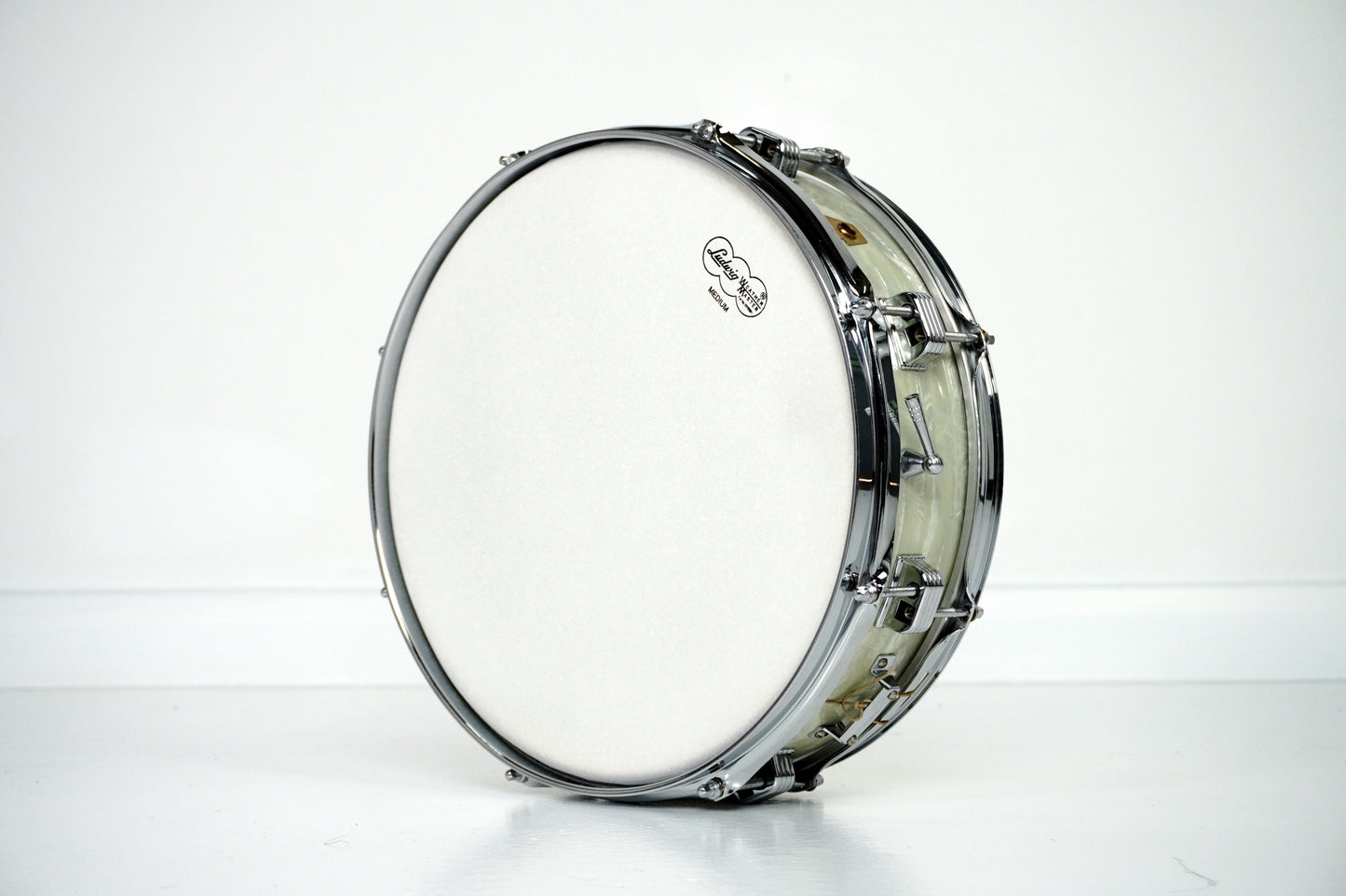 Ludwig 14" x 4" Down Beat Snare Drum in White Marine Pearl 1965