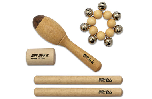 Rohema Natural Percussion Kids Set - Shaker, Maraca, Wristbells and Claves