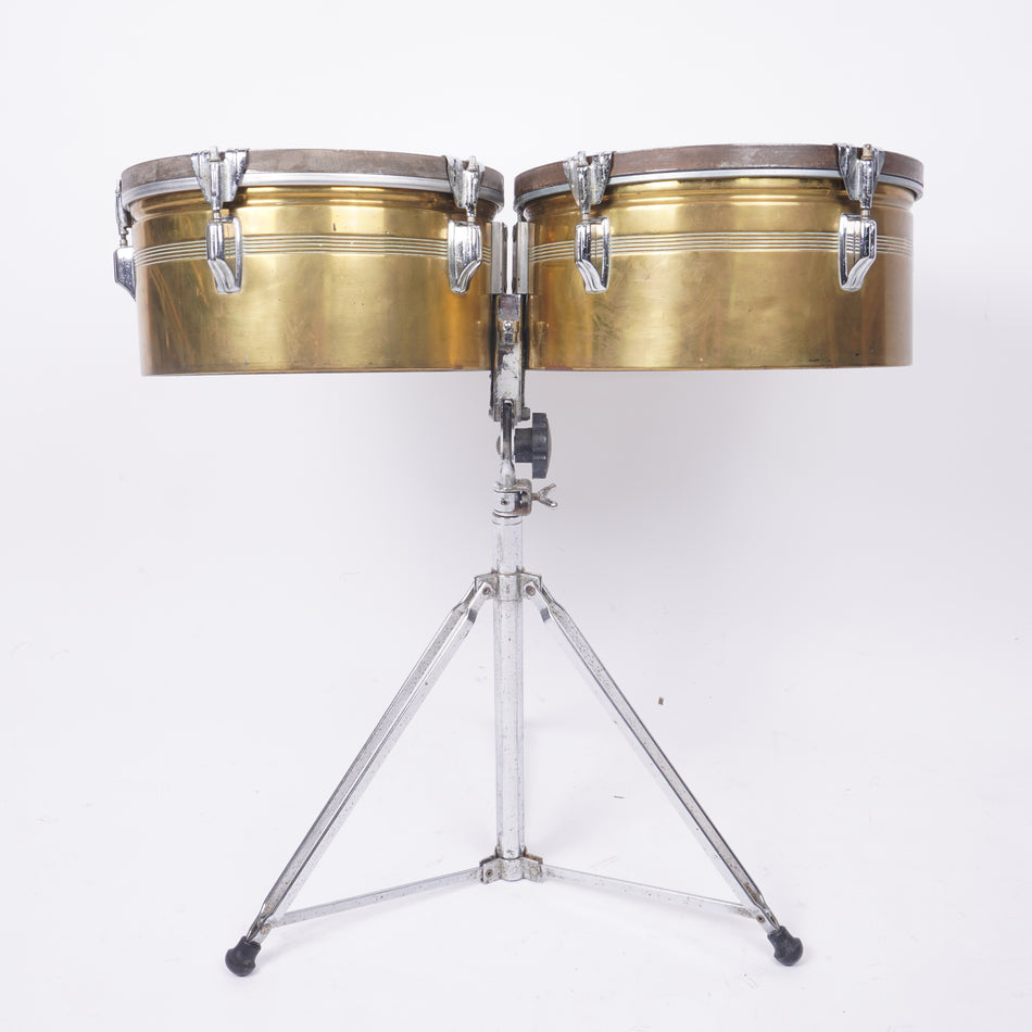 VINTAGE ROGERS BRASS TIMBALES SET INCL STAND