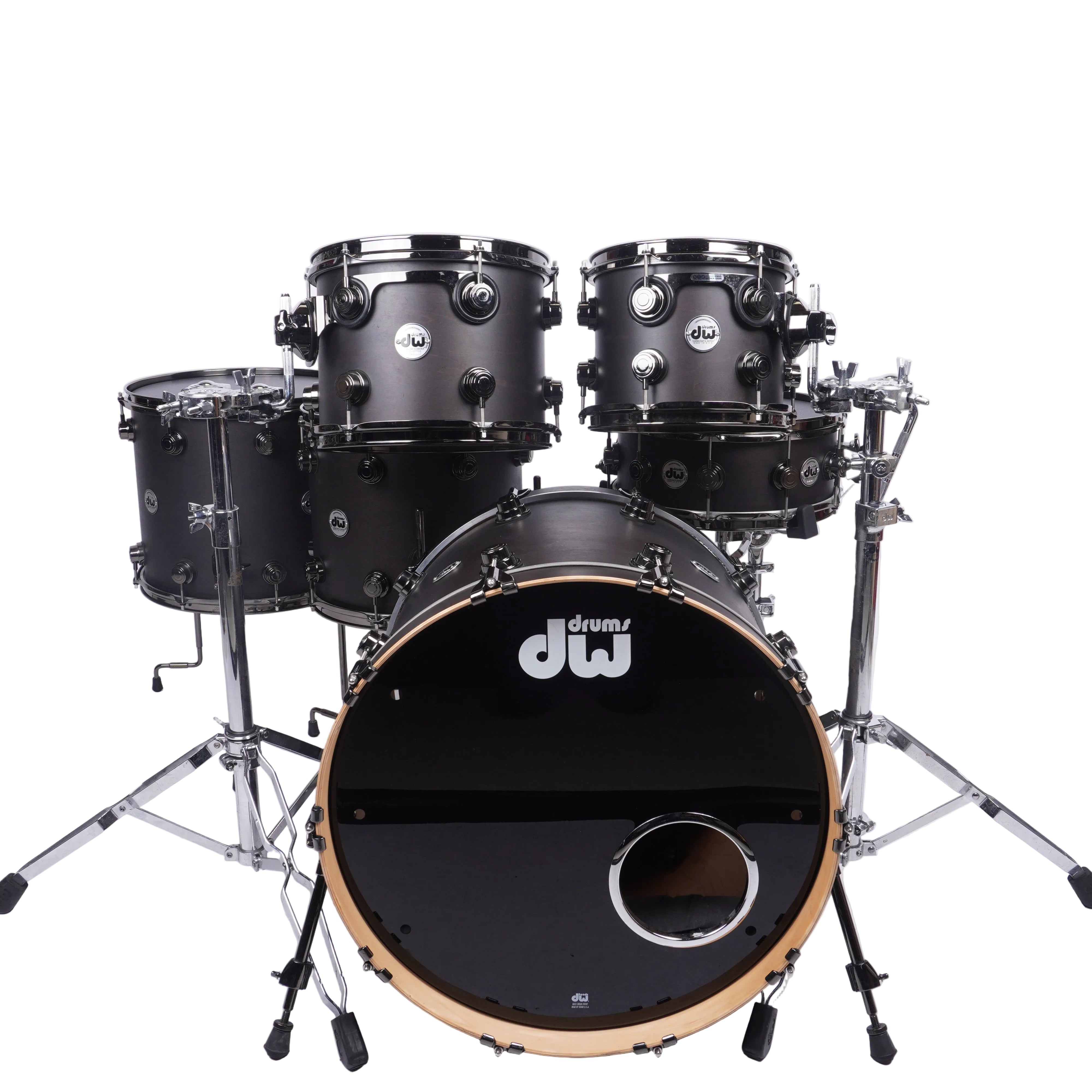 A DW drum kit with a black gloss finish and natural wood rims, displayed on a white studio background.