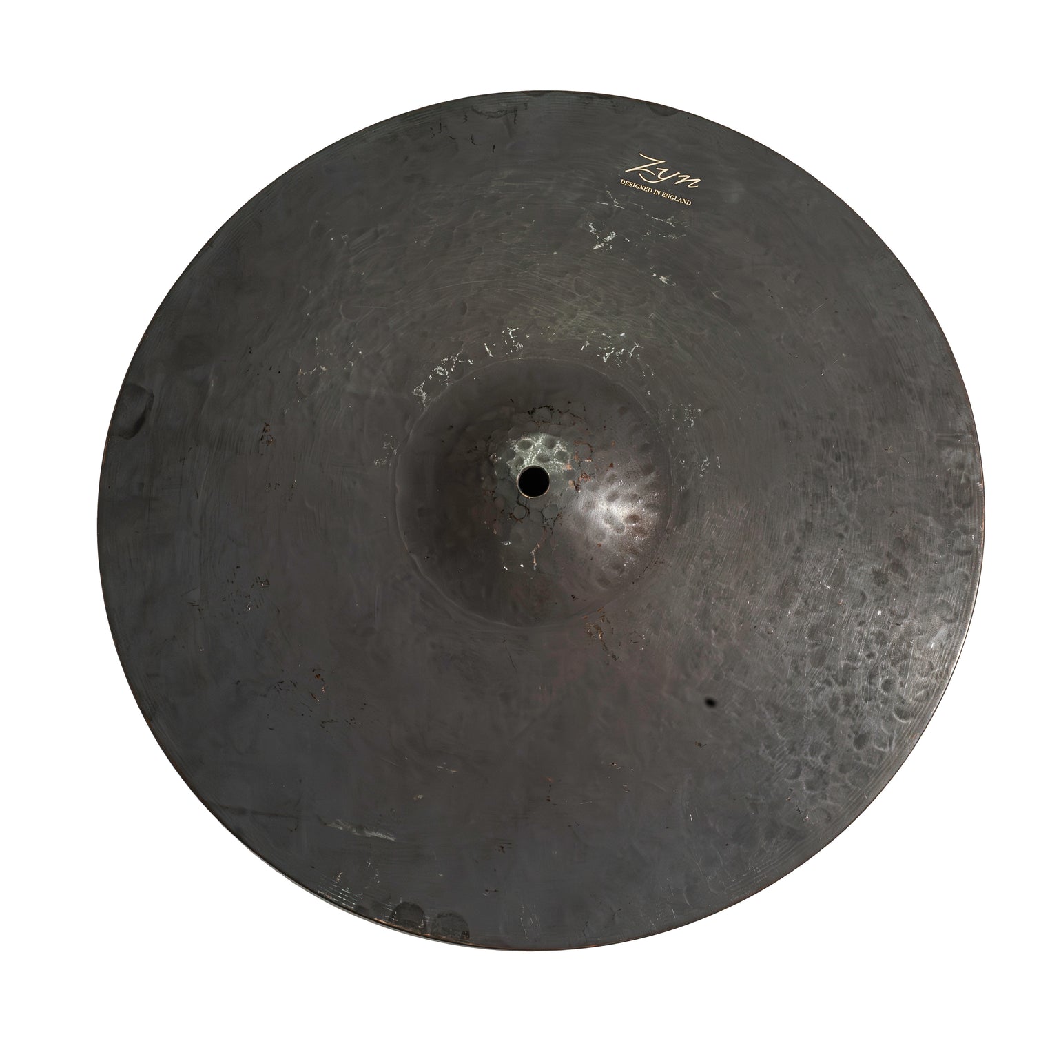 A dark finished ZYN cymbal with a central splash design, displayed against a white background.