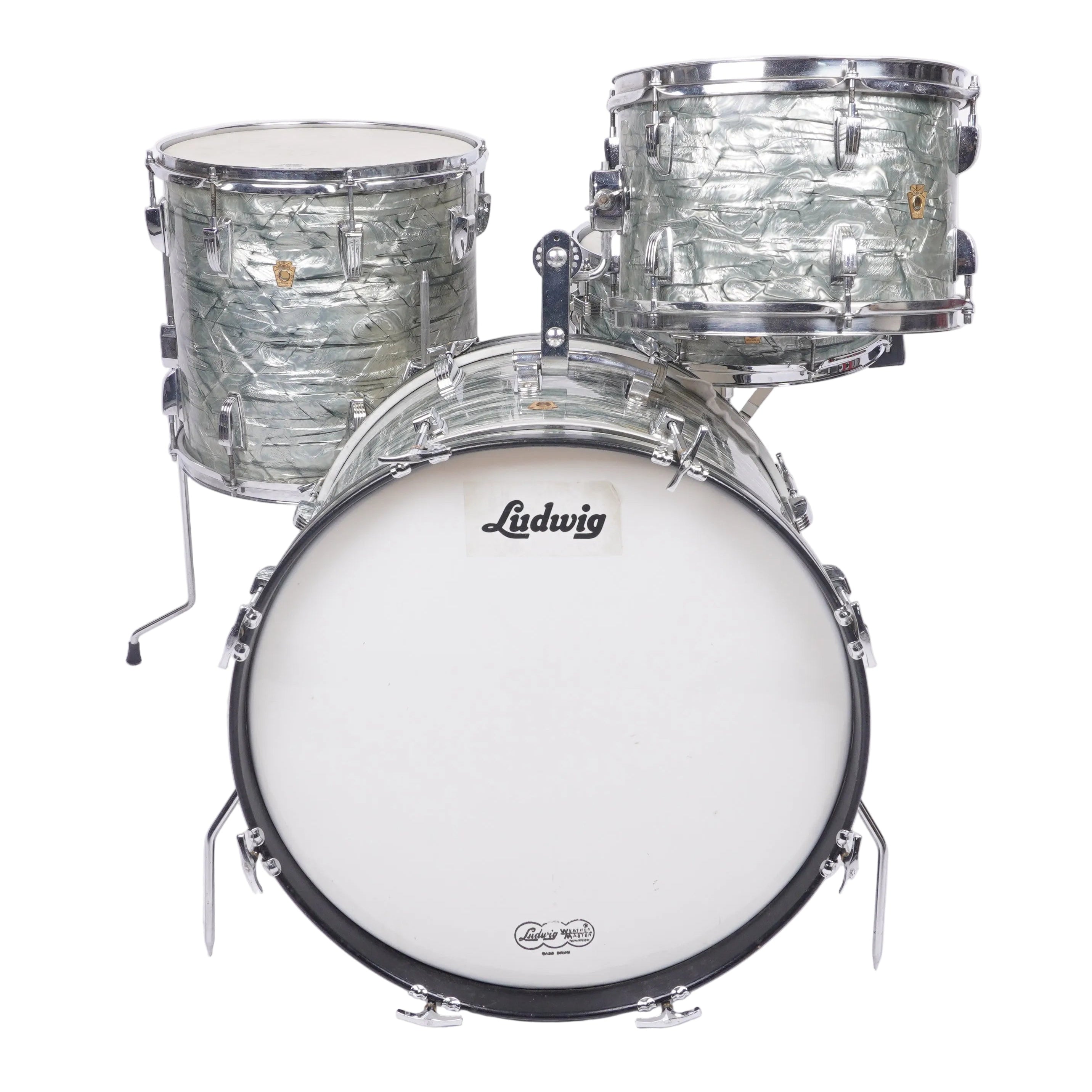 A Ludwig drum kit with a white bass drum, two silver marbled tom drums, and chrome hardware, photographed against a plain white studio background.