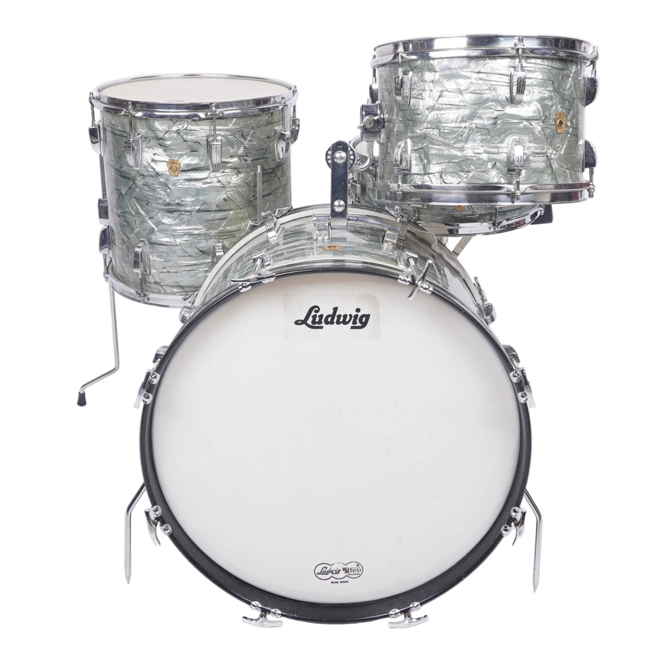 A Ludwig drum kit with a white bass drum, two silver marbled tom drums, and chrome hardware, photographed against a plain white studio background.