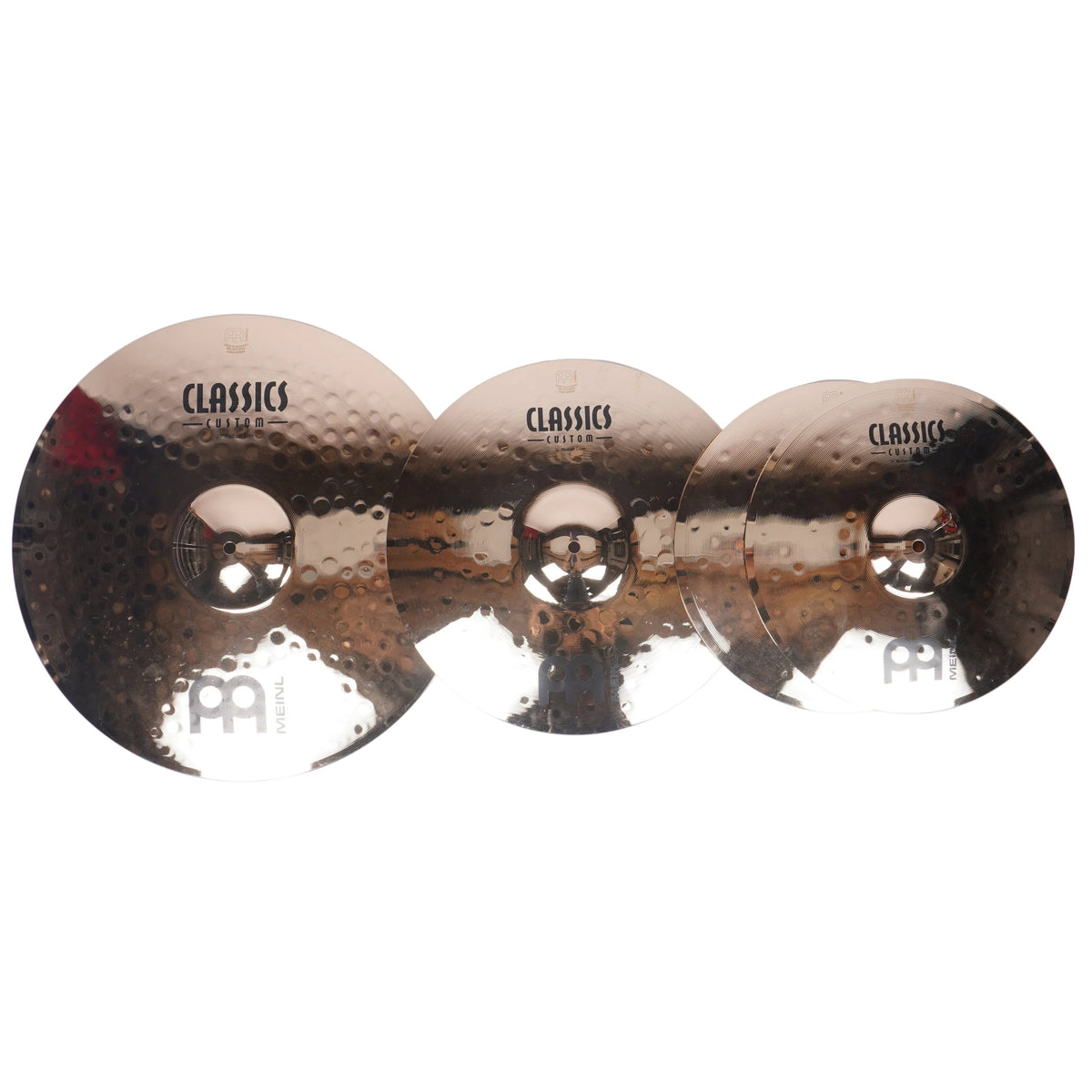 Three Meinl Classics Ride cymbals in graduated sizes, arranged side-by-side against a plain white background.