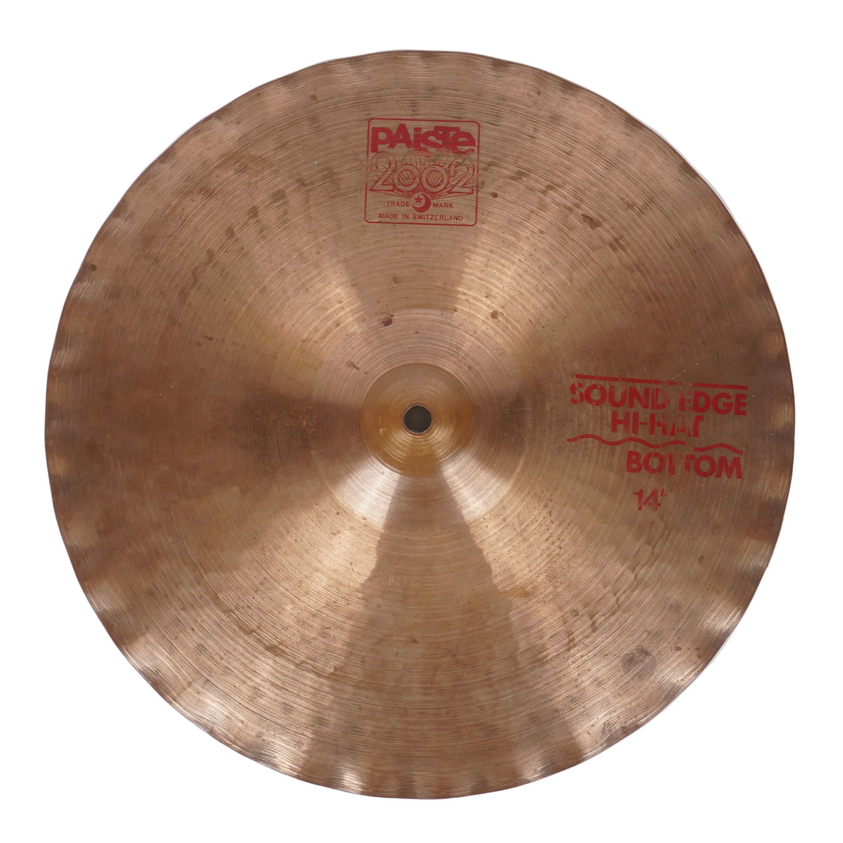 A single Paksa 2902 Sound Edge Hi-Hat Bottom 14" cymbal, showing its metallic gold-bronze finish with red printed brand and model markings, photographed against a plain off-white background.