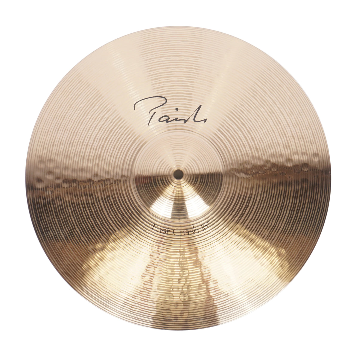 A single gold-toned metal cymbal photographed from above on a plain white background. The cymbal has a reflective metallic finish with concentric ring texture and a black script signature near the upper center.