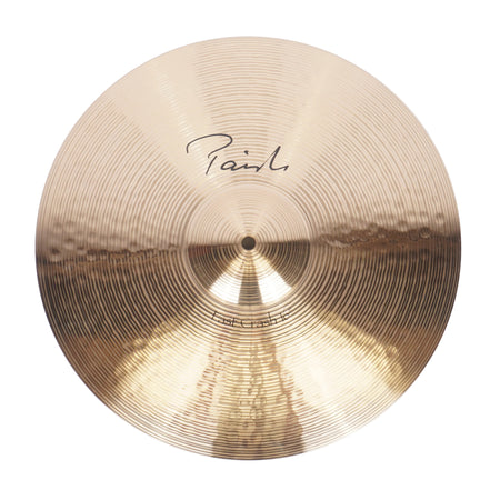 A single gold-toned metal cymbal photographed from above on a plain white background. The cymbal has a reflective metallic finish with concentric ring texture and a black script signature near the upper center.