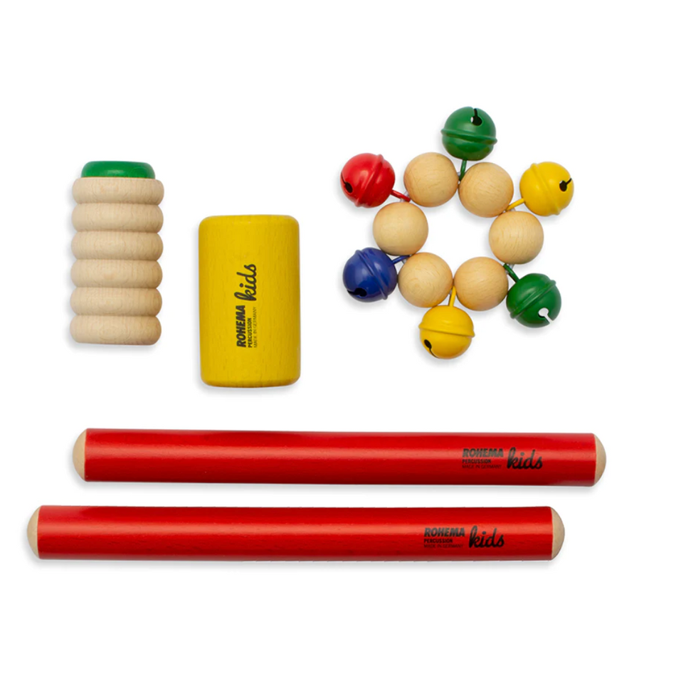 Rohema Colour Percussion Kids Set – Shaker, Handgelenksglocken und Claves