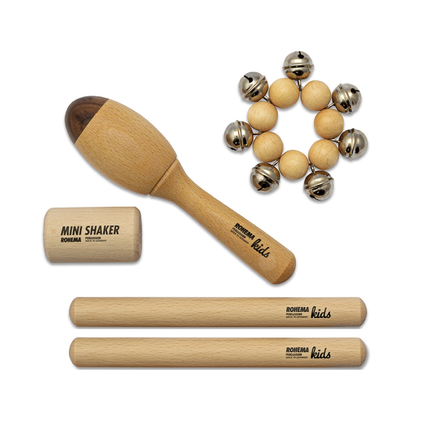 Rohema Natural Percussion Kids Set - Shaker, Maraca, Wristbells and Claves