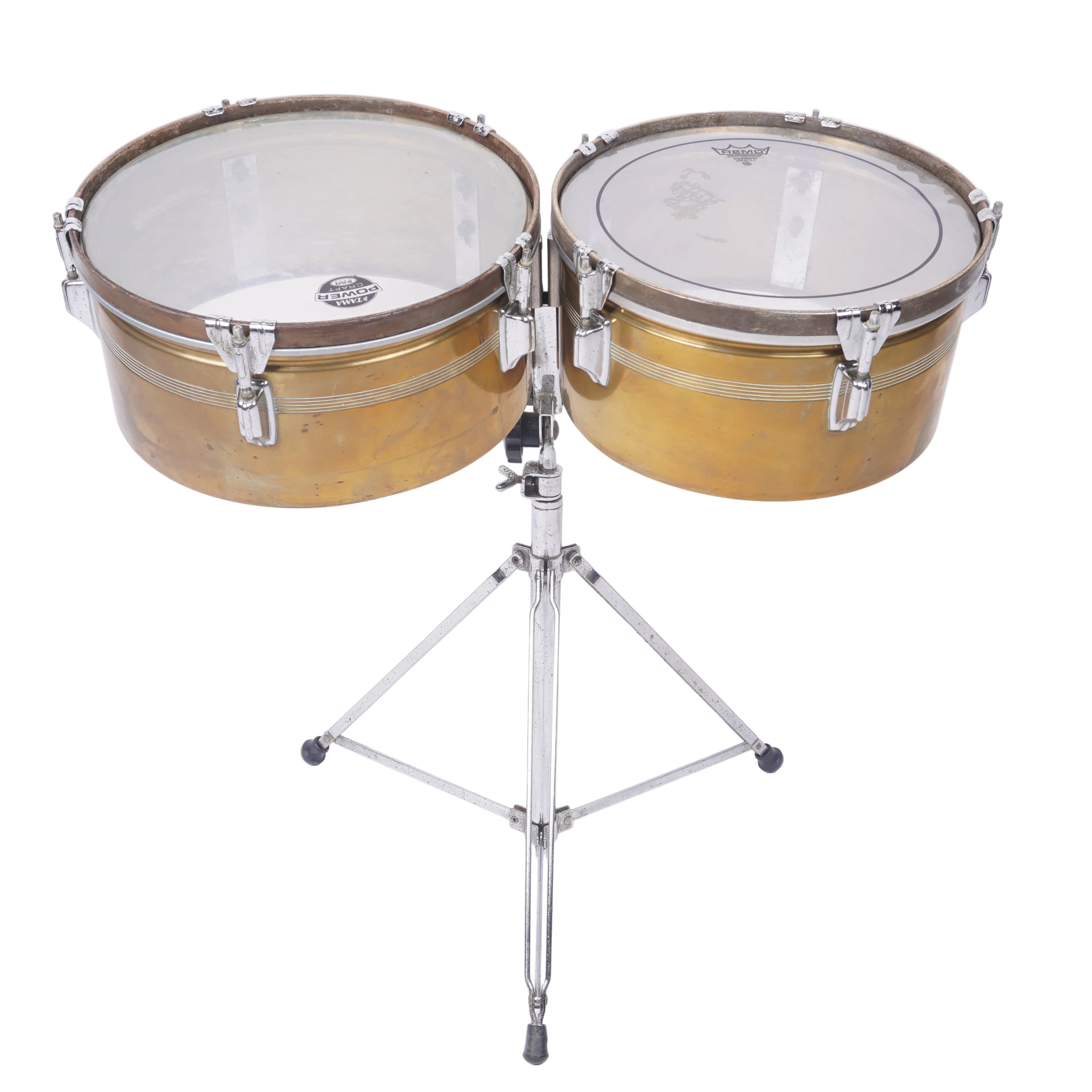 VINTAGE ROGERS BRASS TIMBALES SET INCL STAND
