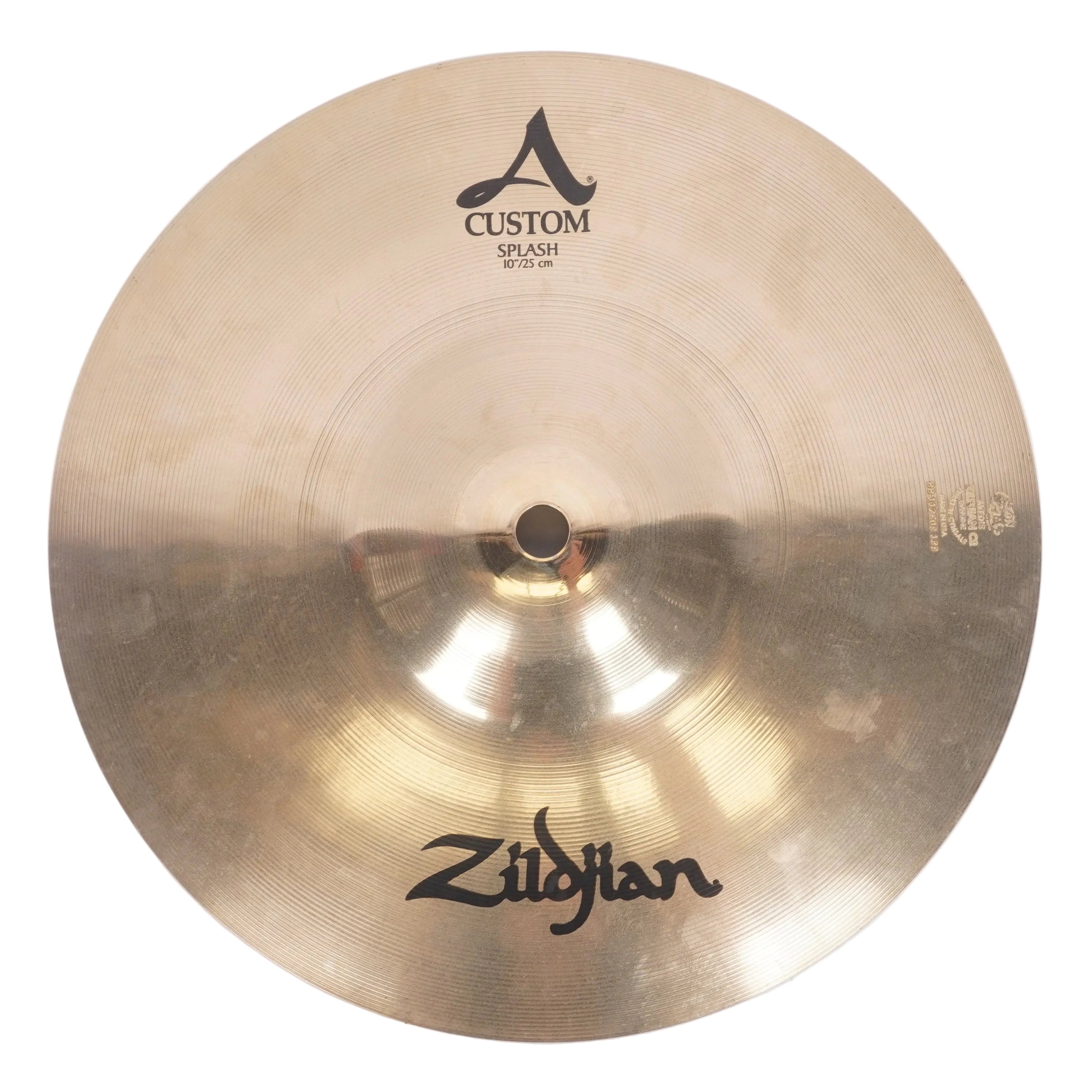 A Zildjian Custom A Splash cymbal, photographed from directly above on a light gray background.