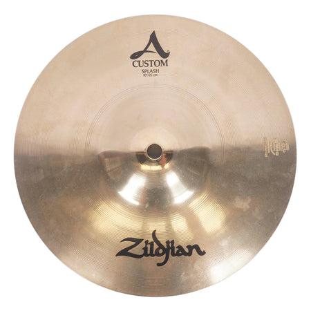 A Zildjian Custom A Splash cymbal, photographed from directly above on a light gray background.