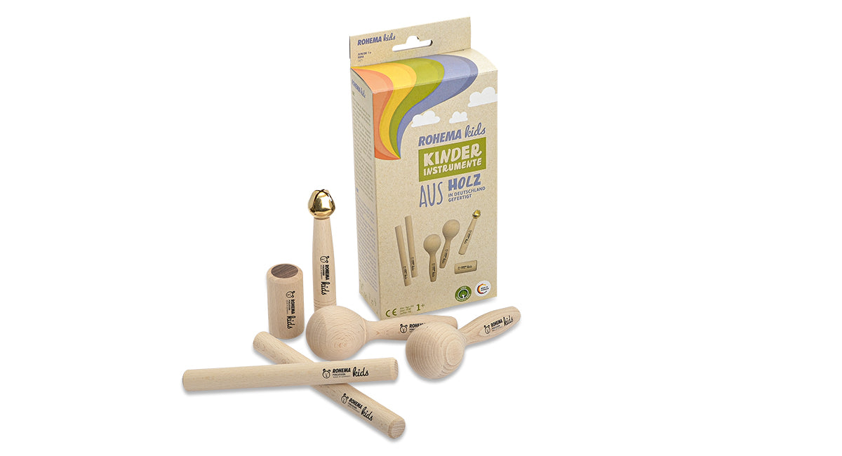 Rohema Junior 1+ Natural Percussion Kids Set - Shaker, Maracas, Bell Stick and Claves