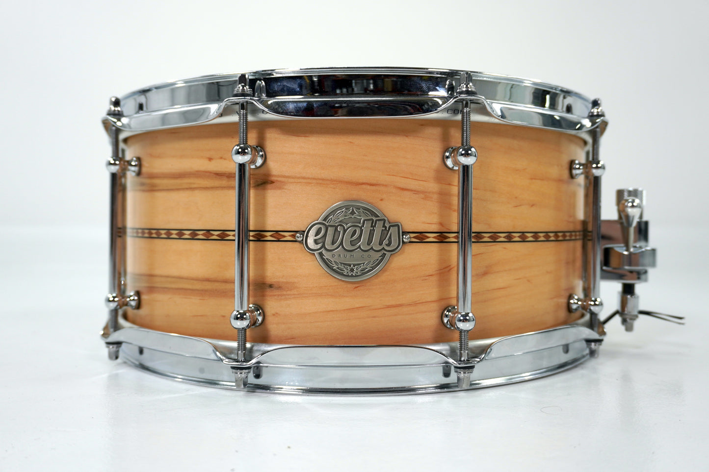 Evetts 14 x 6.5 Tasmanian Blackwood Snare Drum, Wormy Maple with Diamond Inlay